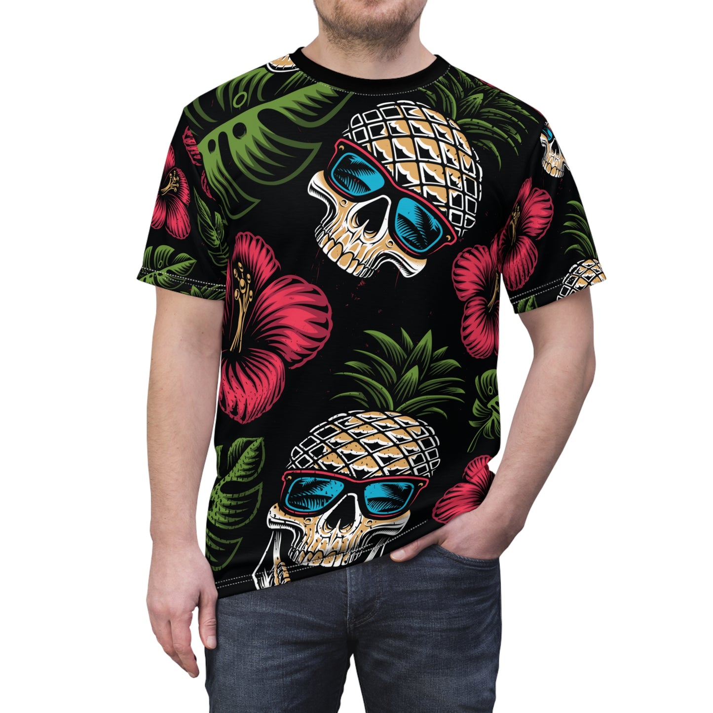 Unisex Cut & Sew Tee (AOP) - Tropical Skull