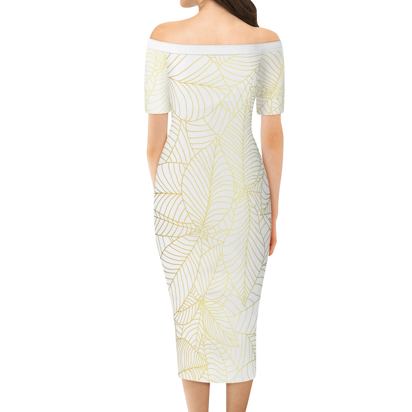 Womens Off The Shoulder Office Lady Dress- Gold Leaves