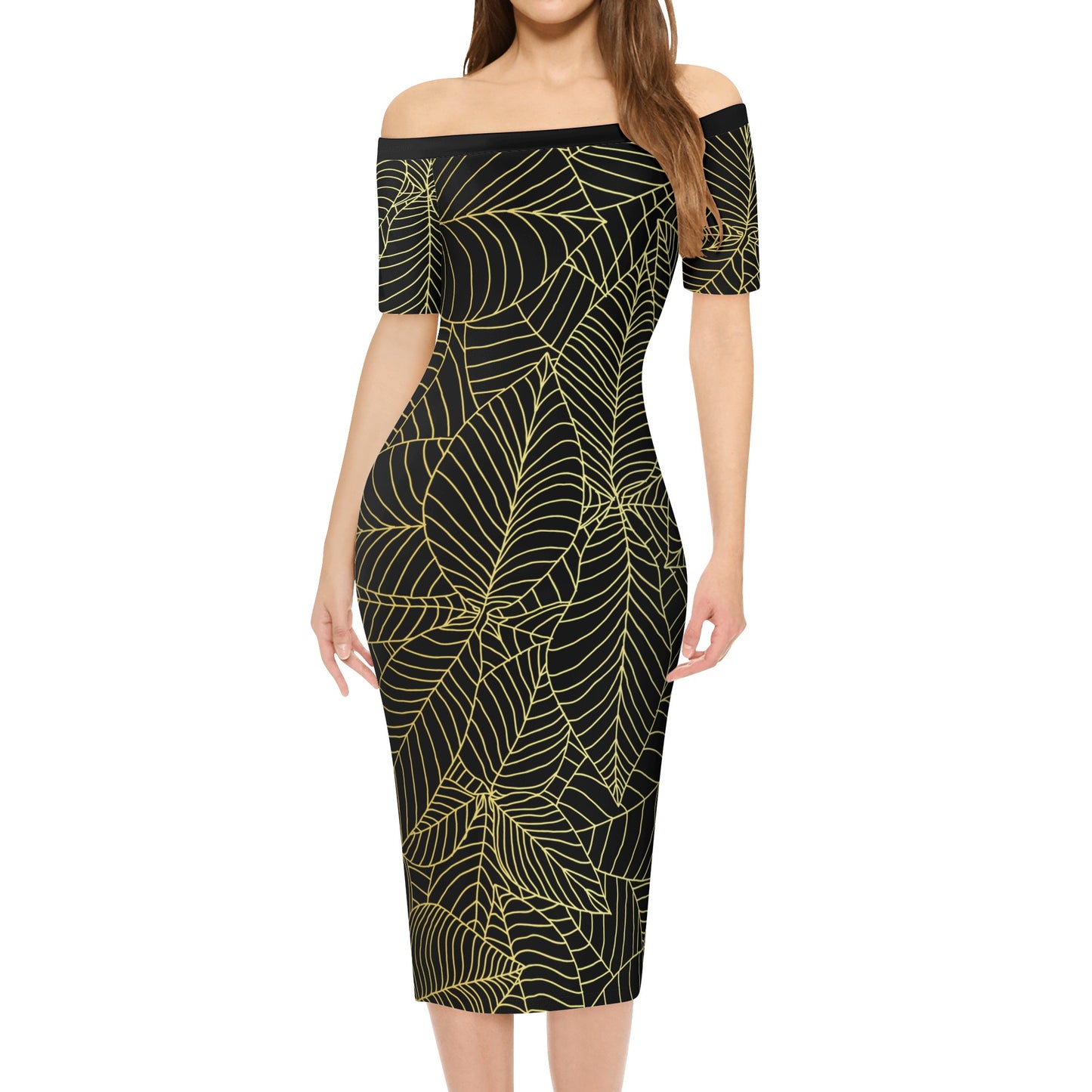 Womens Off The Shoulder Office Lady Dress - Black/Gold Leaves