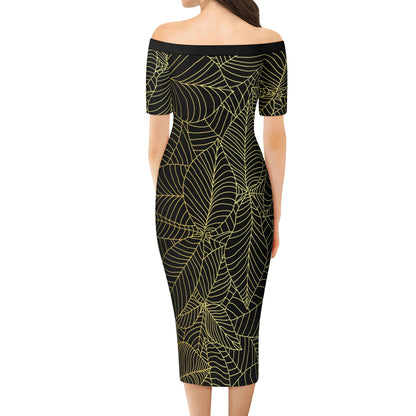 Womens Off The Shoulder Office Lady Dress - Black/Gold Leaves