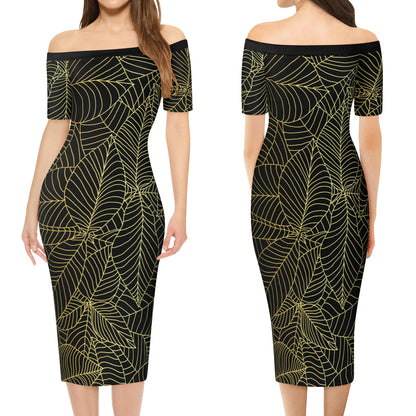 Womens Off The Shoulder Office Lady Dress - Black/Gold Leaves