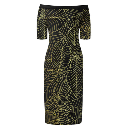 Womens Off The Shoulder Office Lady Dress - Black/Gold Leaves