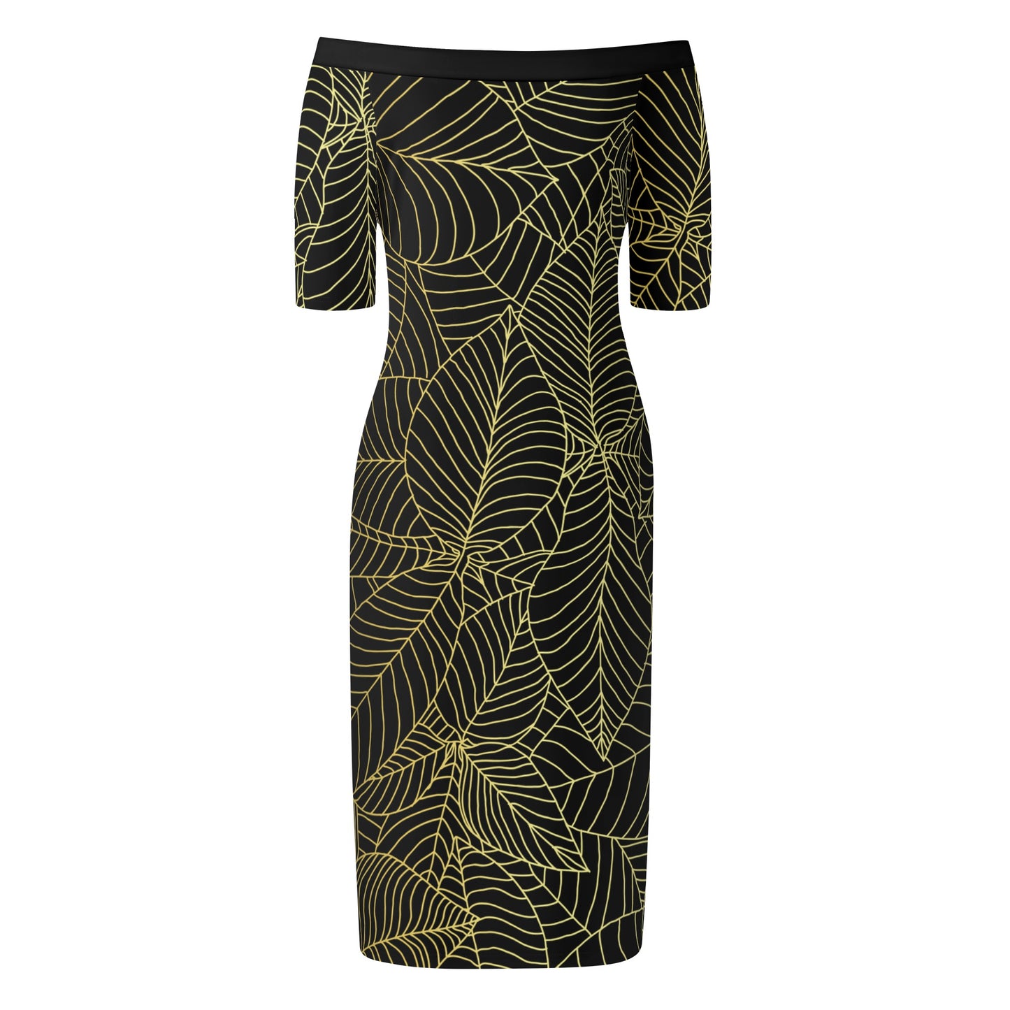 Womens Off The Shoulder Office Lady Dress - Black/Gold Leaves