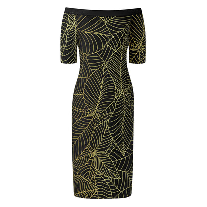 Womens Off The Shoulder Office Lady Dress - Black/Gold Leaves