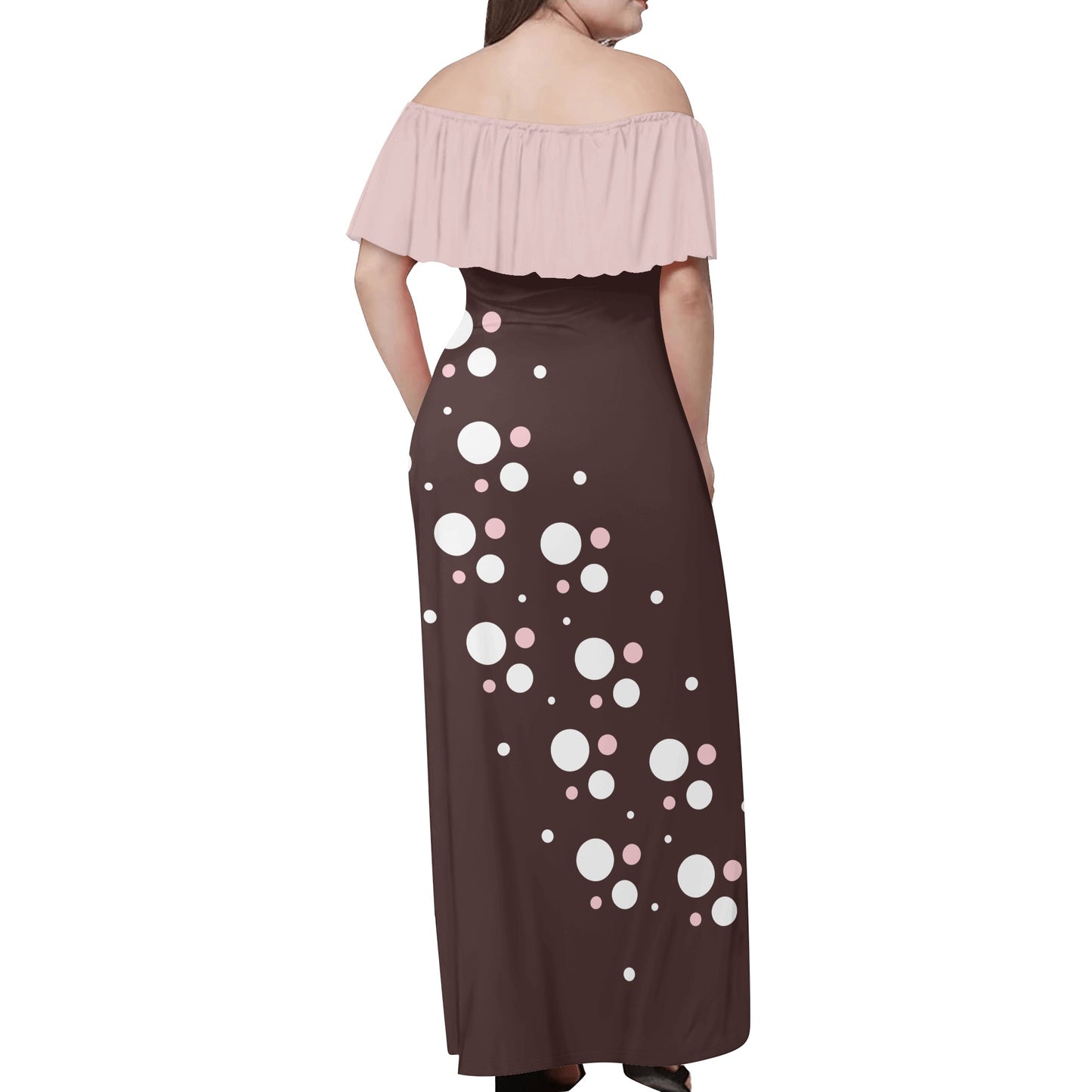 Womens Off-shoulder Long Dress - Polka Dots