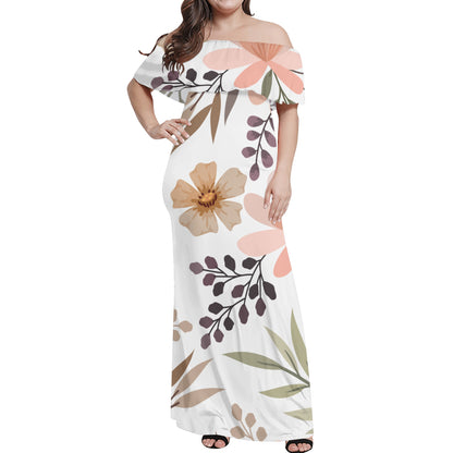 Womens Off-shoulder Long Dress - Vintage Flowers