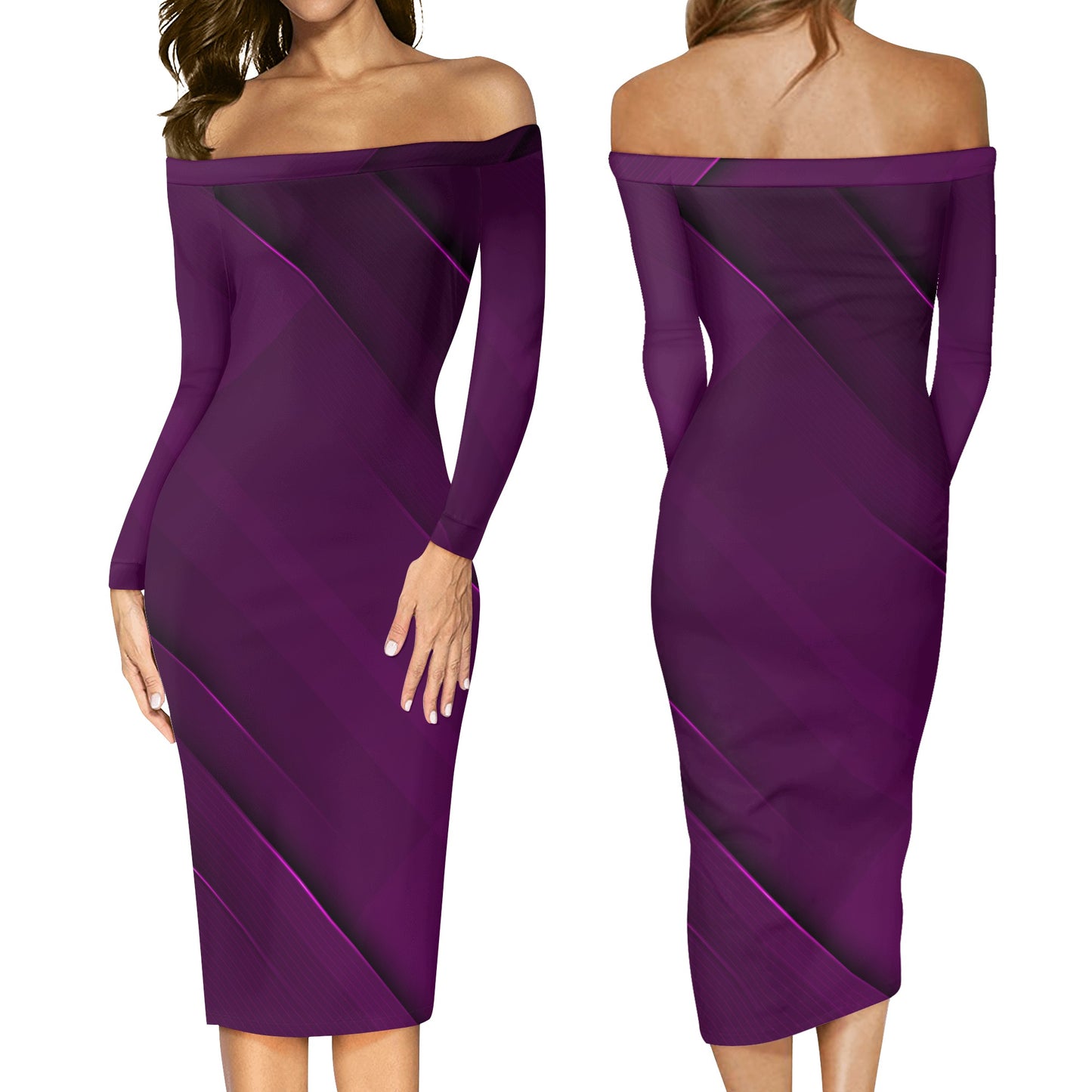 Womens Long Sleeve Off The Shoulder Lady Dress - Abstract Dark Purple