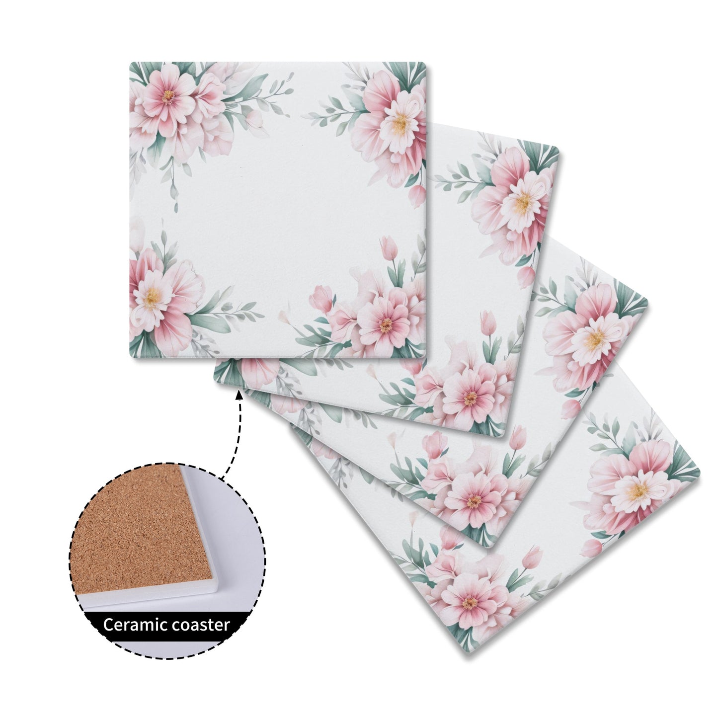 Square Ceramic Coasters - Pink Flowers