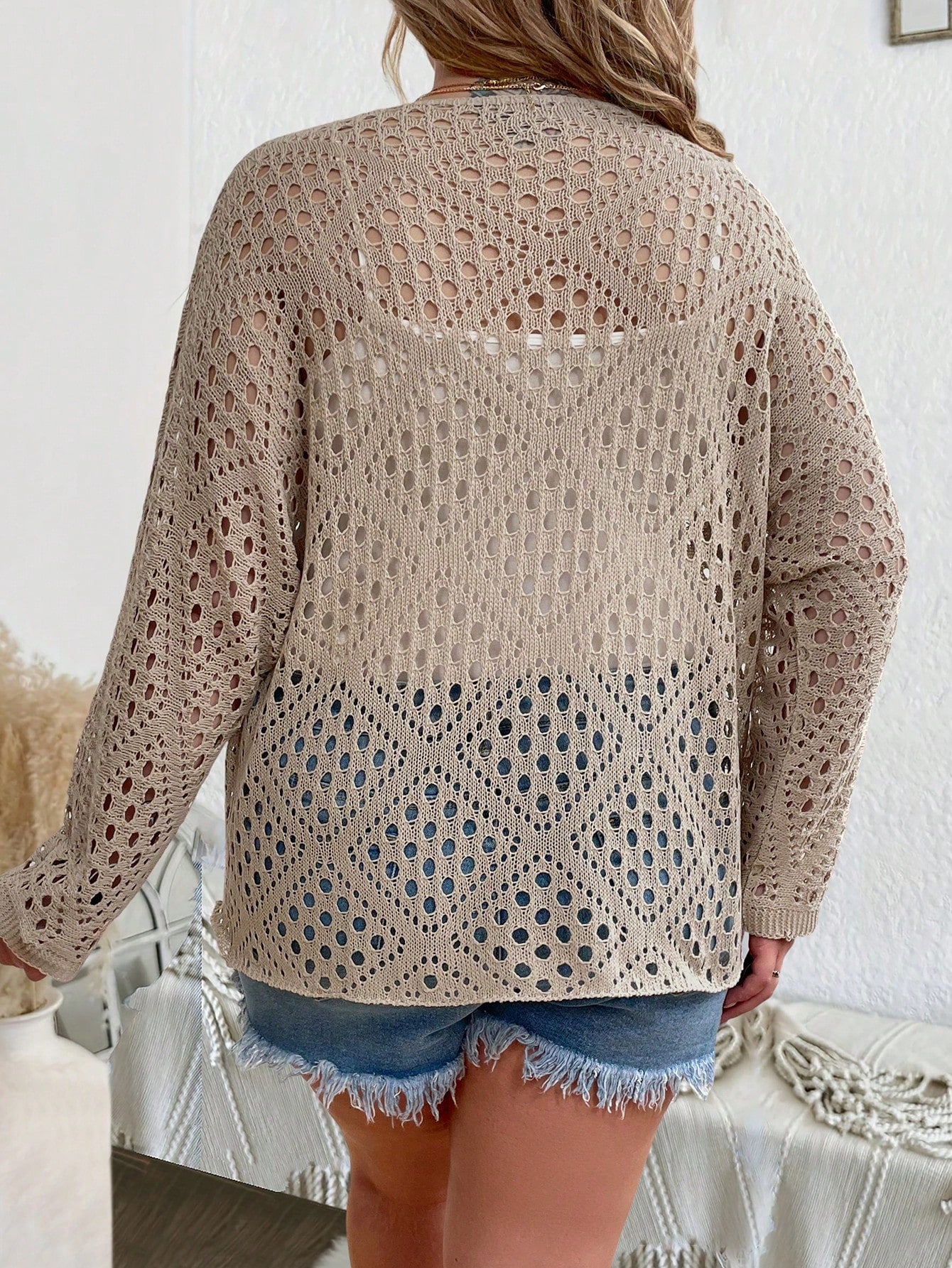 LUNE Plus Size Hollow Out Knitted Round Neck Cover Up For Spring And Summer