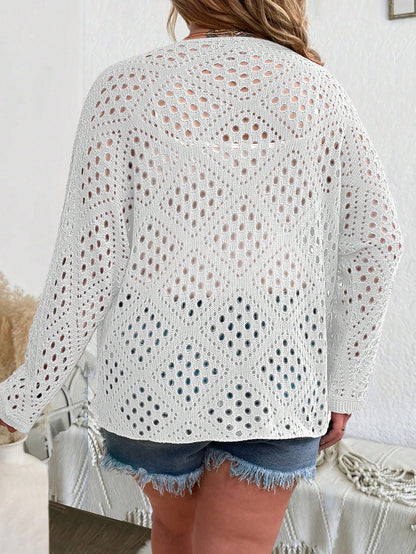 LUNE Plus Size Hollow Out Knitted Round Neck Cover Up For Spring And Summer