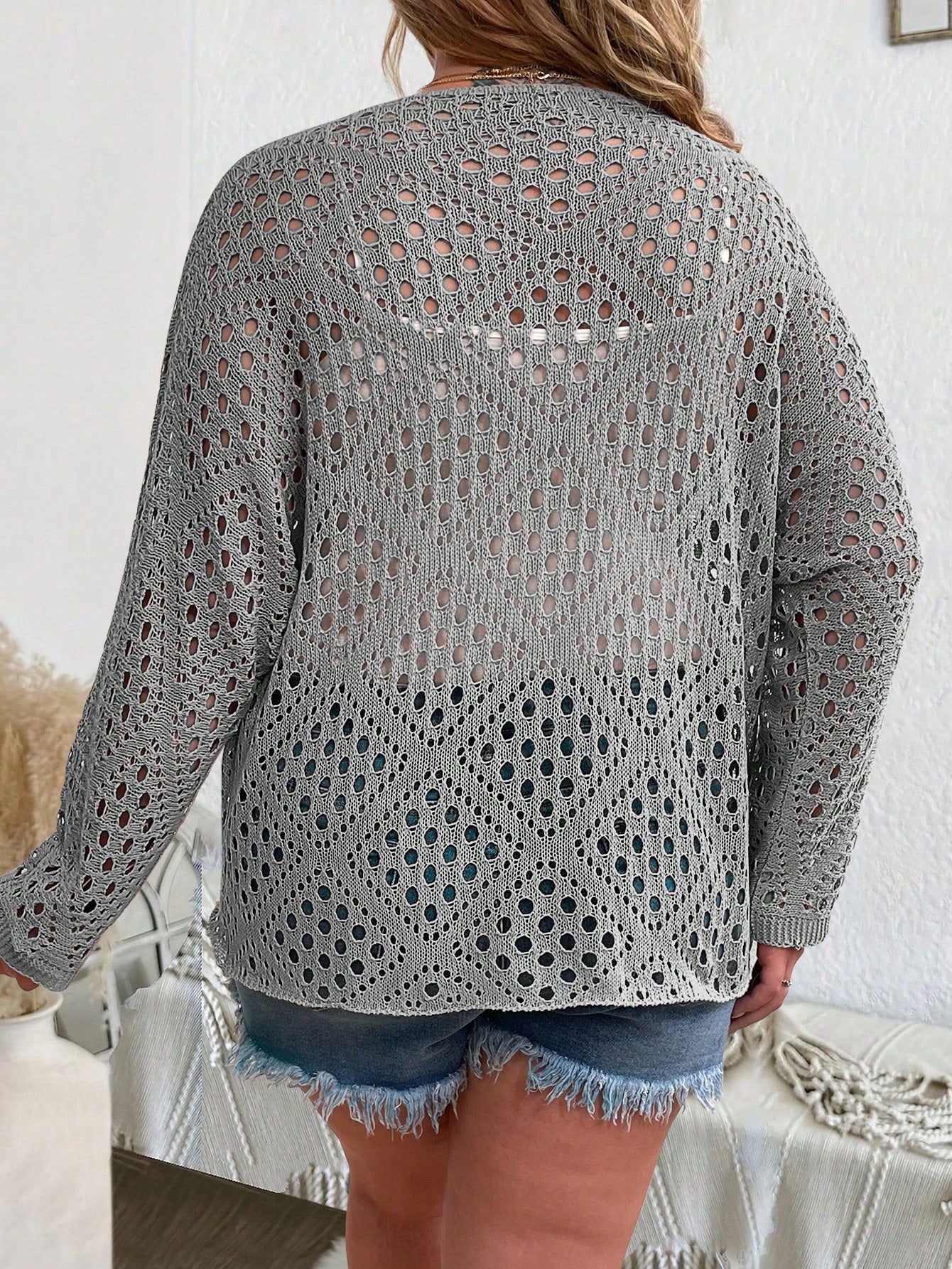 LUNE Plus Size Hollow Out Knitted Round Neck Cover Up For Spring And Summer