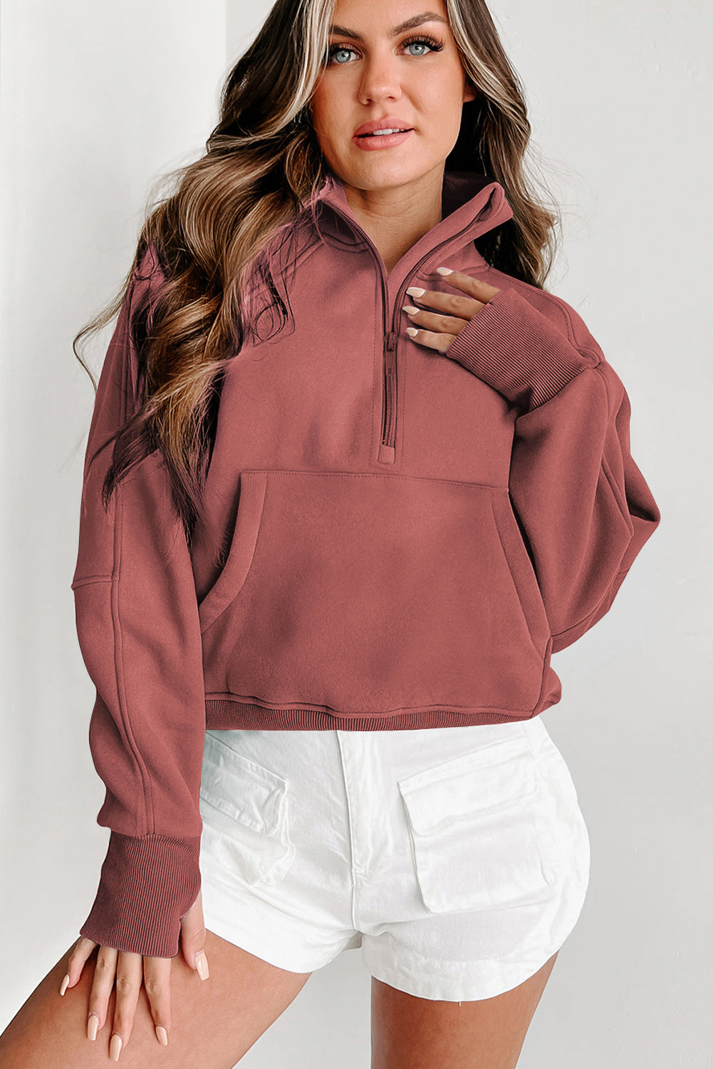 Brown Zip Up Stand Collar Ribbed Thumbhole Sleeve Sweatshirt