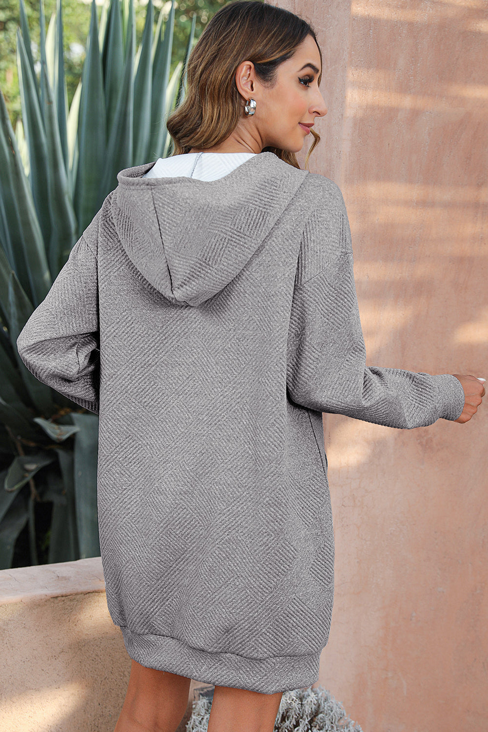 Gray Textured Kangaroo Pocket Drawstring Hooded Mini Dress