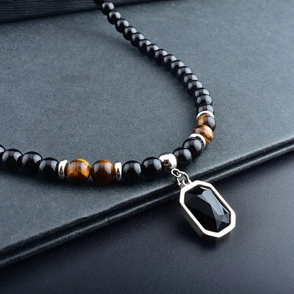 Stainless Steel Tiger Eye Black Crystal Pendant Necklace Men Personality Fashion Natural Stone Strand Beaded Necklace Jewelry