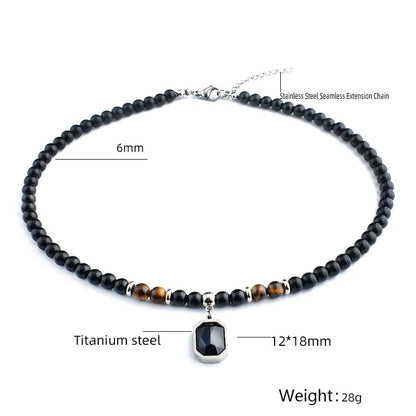 Stainless Steel Tiger Eye Black Crystal Pendant Necklace Men Personality Fashion Natural Stone Strand Beaded Necklace Jewelry