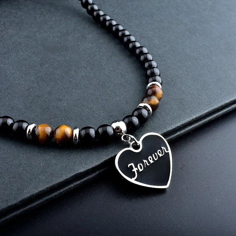 Stainless Steel Tiger Eye Black Crystal Pendant Necklace Men Personality Fashion Natural Stone Strand Beaded Necklace Jewelry