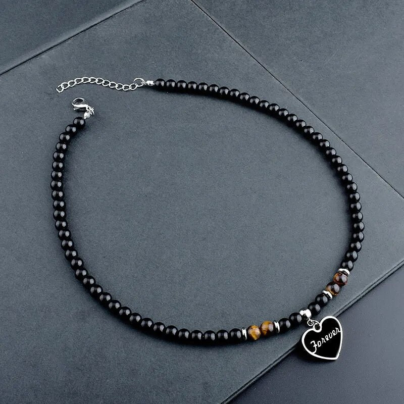 Stainless Steel Tiger Eye Black Crystal Pendant Necklace Men Personality Fashion Natural Stone Strand Beaded Necklace Jewelry