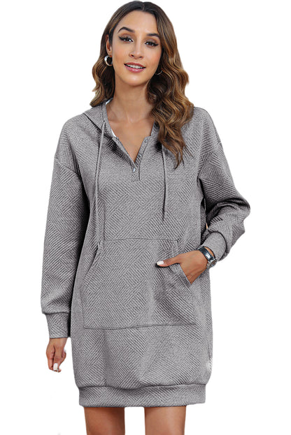 Gray Textured Kangaroo Pocket Drawstring Hooded Mini Dress