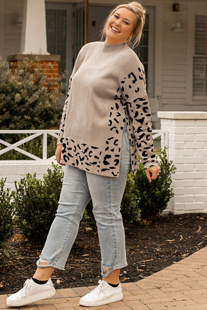 Khaki Plus Size Leopard Patchwork High Neck Sweater