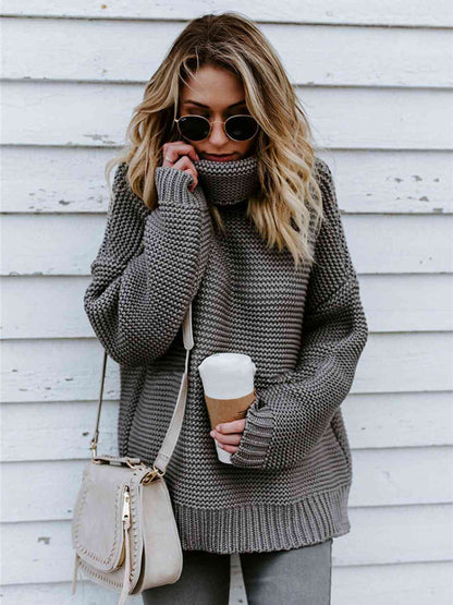 Turtleneck Dropped Shoulder Slit Sweater