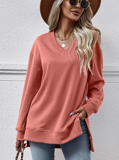 V-Neck Slit Long Sleeve Sweatshirt