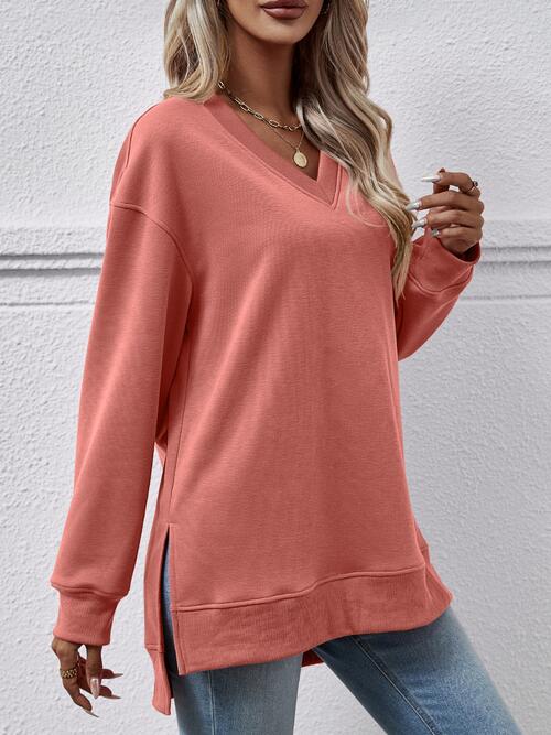 V-Neck Slit Long Sleeve Sweatshirt