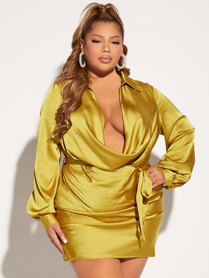 SXY Plus Draped Collar Lantern Sleeve Belted Satin Bodycon Dress