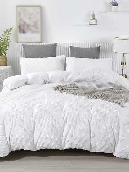 3pcs Khaki Grid Pattern Cut-out Polyester Duvet Cover Set, Simple White Polyester Bedding Set, All Seasons