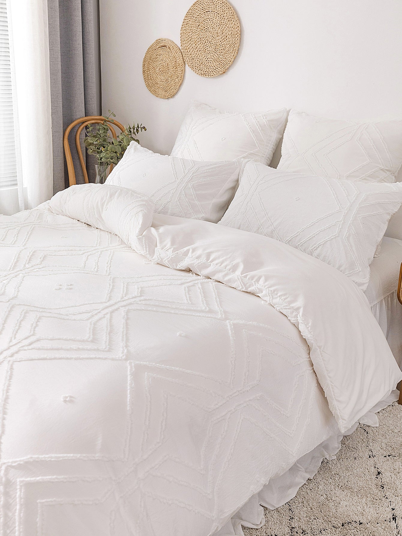 3pcs Khaki Grid Pattern Cut-out Polyester Duvet Cover Set, Simple White Polyester Bedding Set, All Seasons