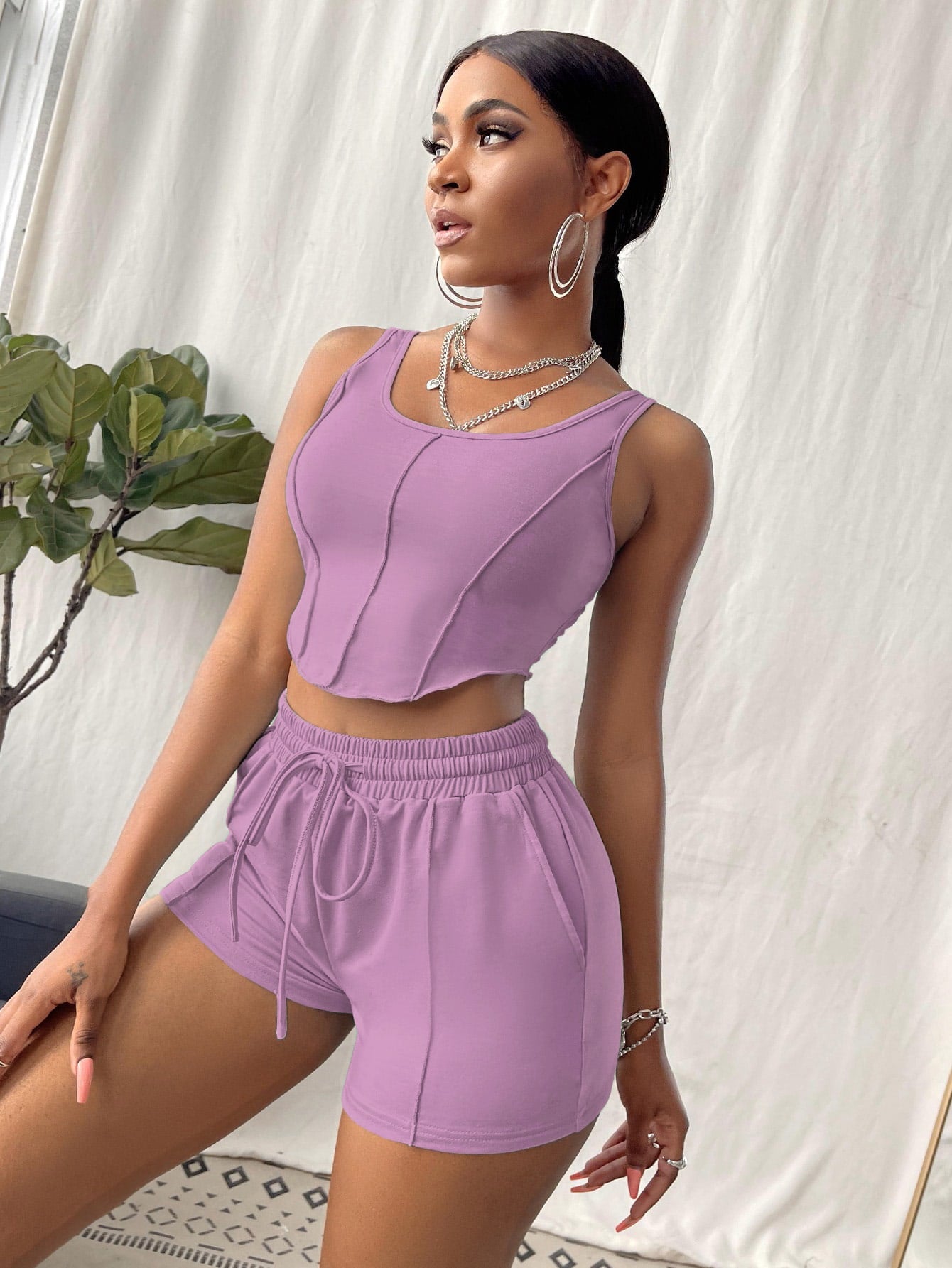 Slayr Solid Tank Top & Drawstring Waist Shorts Set