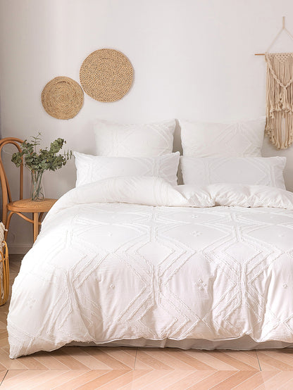 3pcs Khaki Grid Pattern Cut-out Polyester Duvet Cover Set, Simple White Polyester Bedding Set, All Seasons