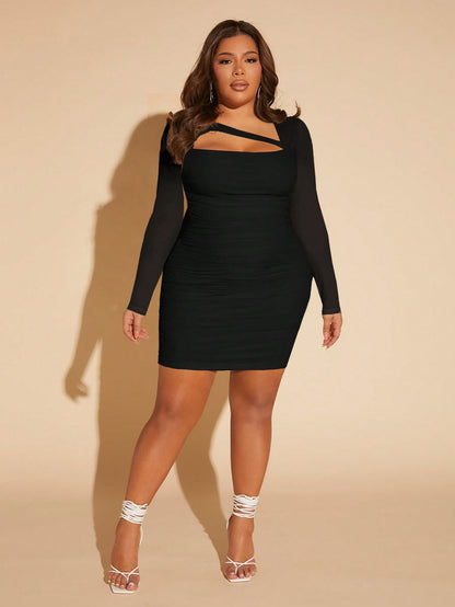 SXY Plus Cut Out Ruched Mesh Bodycon Dress