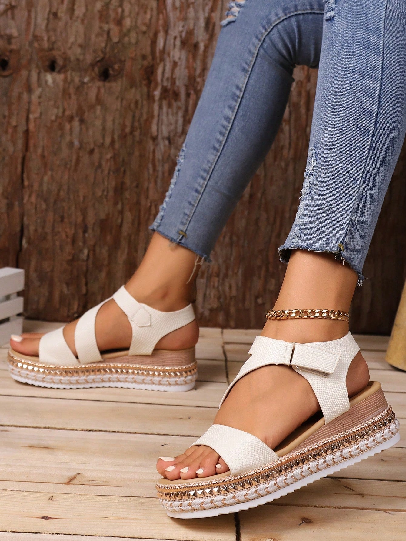 Women Snakeskin Embossed Ankle Strap Wedge Sandals, Vacation Summer Sandals