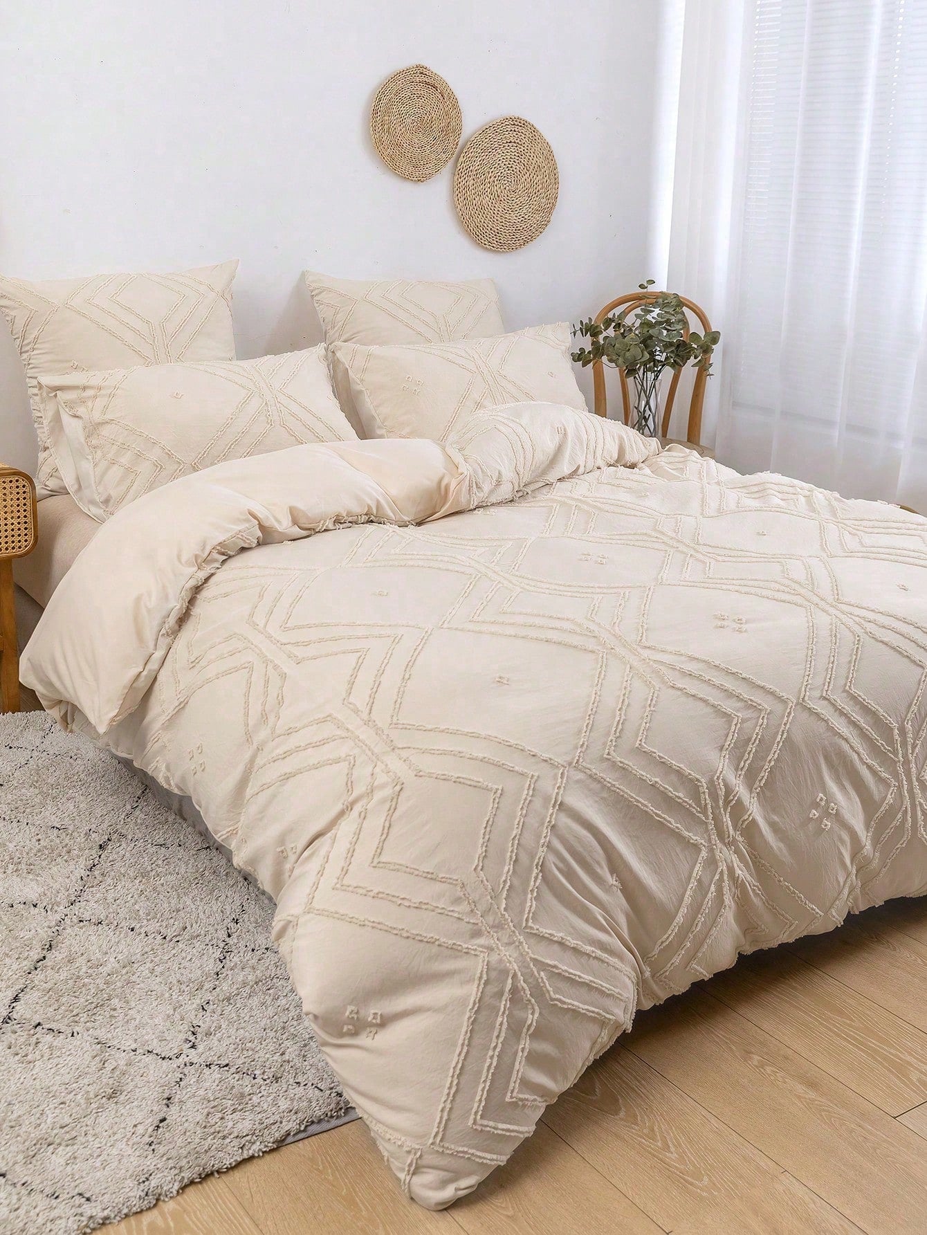 3pcs Khaki Grid Pattern Cut-out Polyester Duvet Cover Set, Simple White Polyester Bedding Set, All Seasons