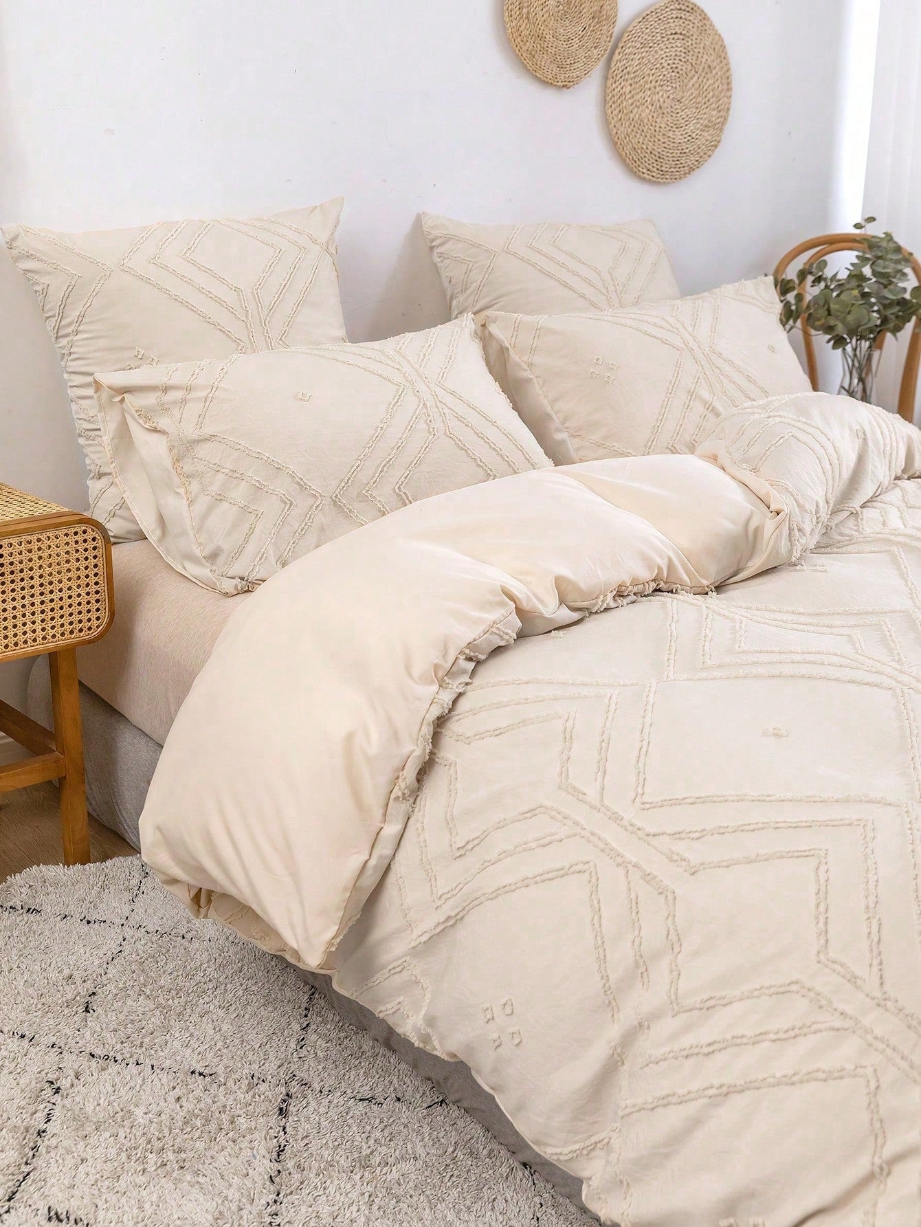 3pcs Khaki Grid Pattern Cut-out Polyester Duvet Cover Set, Simple White Polyester Bedding Set, All Seasons