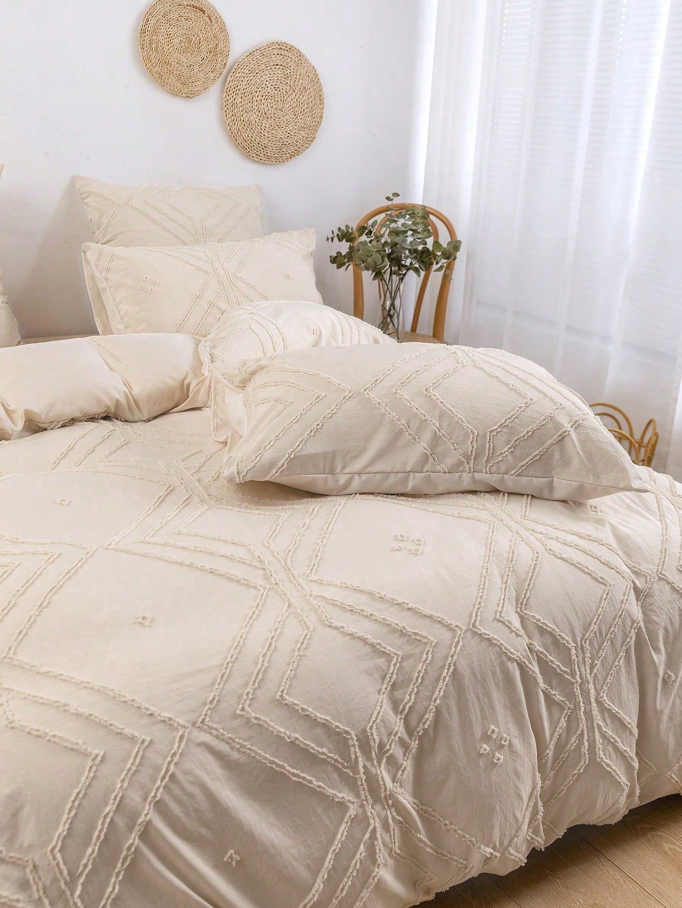 3pcs Khaki Grid Pattern Cut-out Polyester Duvet Cover Set, Simple White Polyester Bedding Set, All Seasons