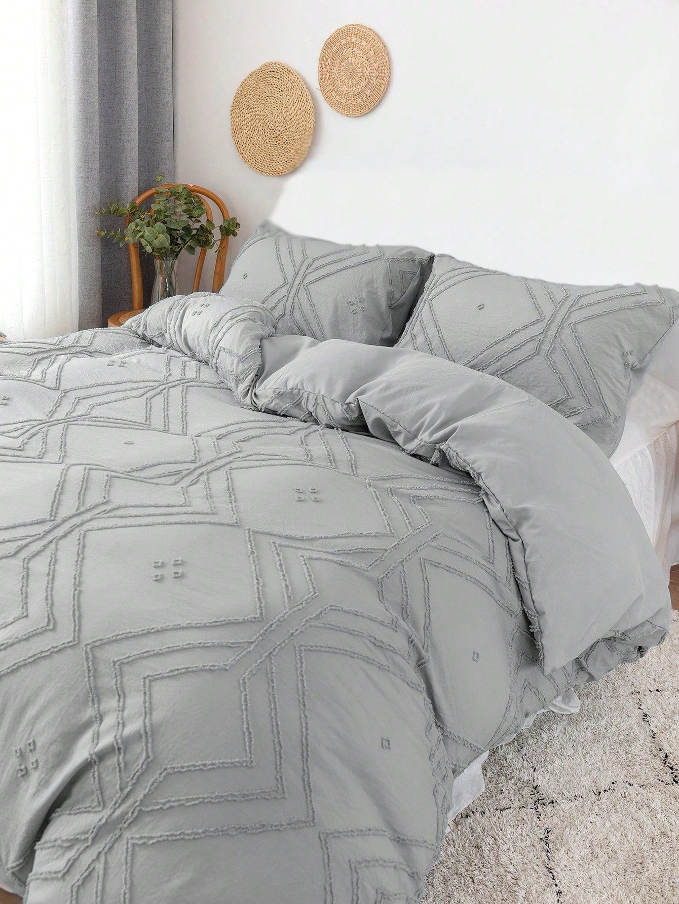 3pcs Khaki Grid Pattern Cut-out Polyester Duvet Cover Set, Simple White Polyester Bedding Set, All Seasons