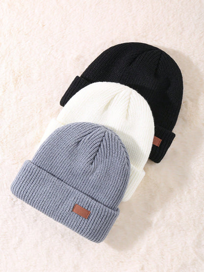 3 Pack Unisex Leather Patch Winter Cap Beanies Knitted Cuff Hats Caps Roll-up Edge Beanie Hats for Men Outdoors