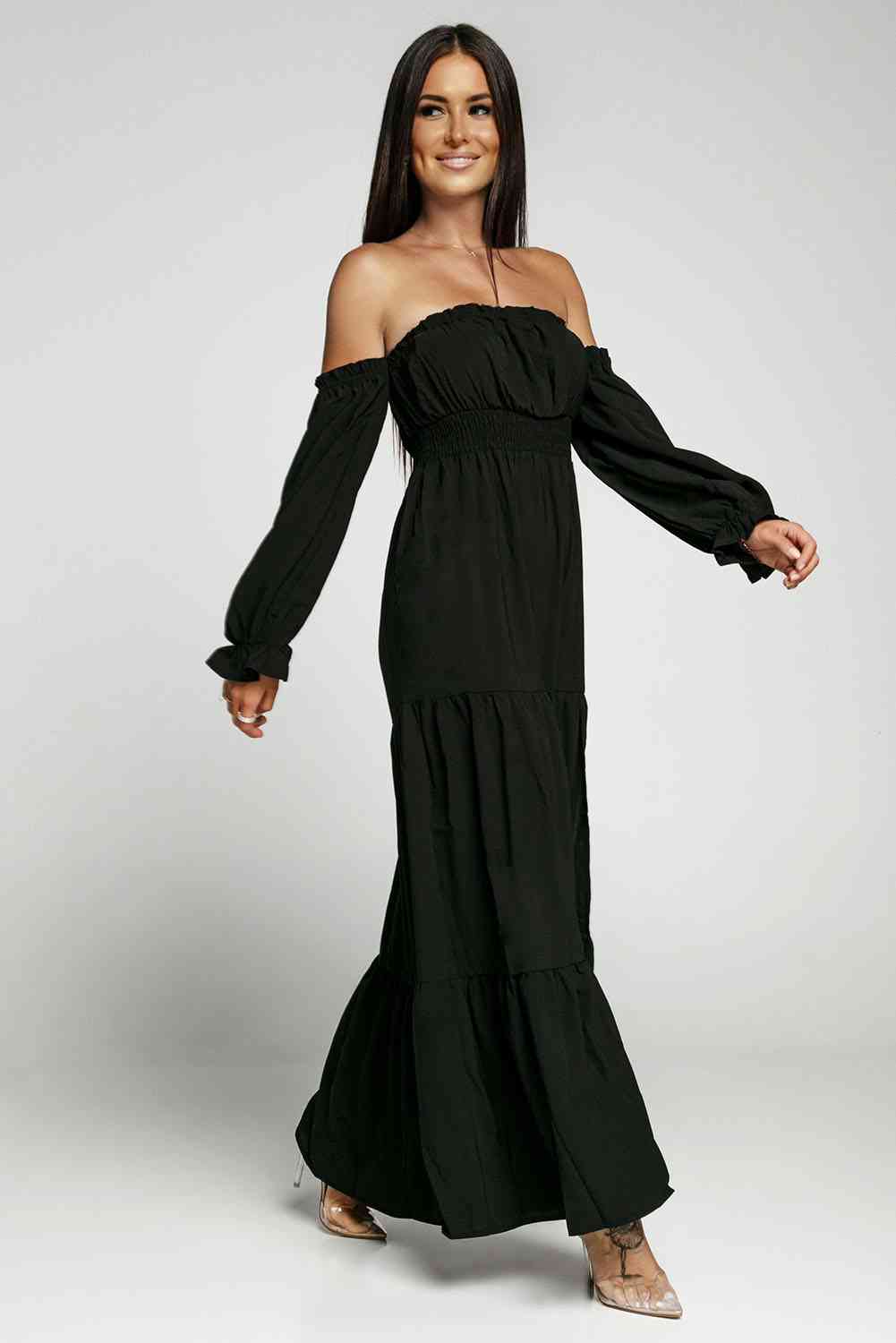 Off-Shoulder Smocked Split Tiered Maxi Dress