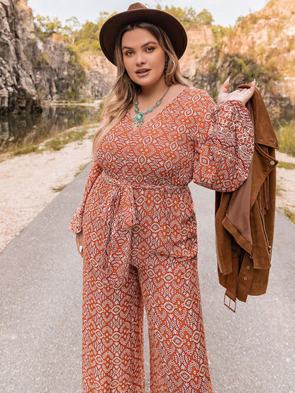 Plus Size Printed V-Neck Tie Front Balloon Sleeve Jumpsuit