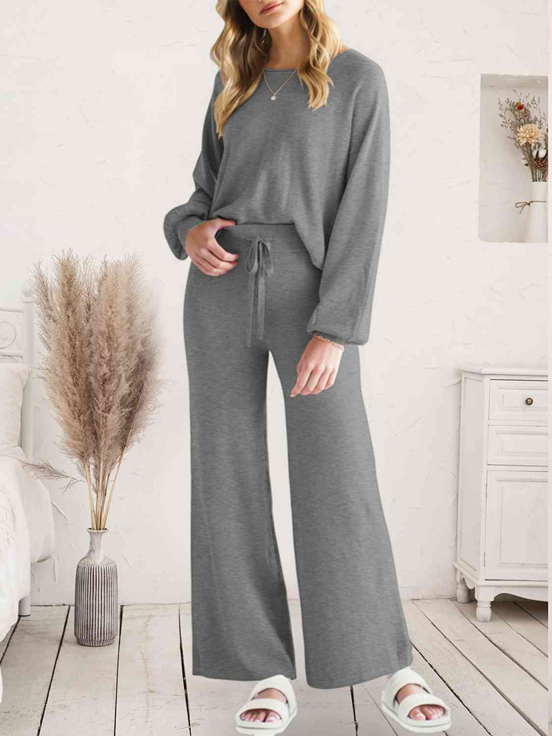 Long Sleeve Lounge Top and Drawstring Pants Set