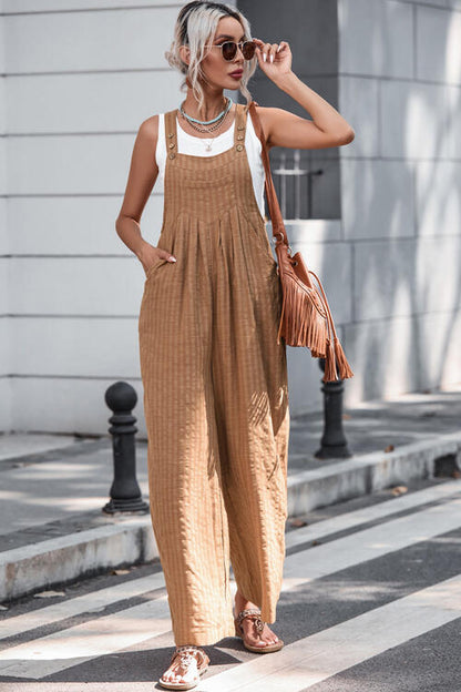 Texture Buttoned Wide Leg Overalls