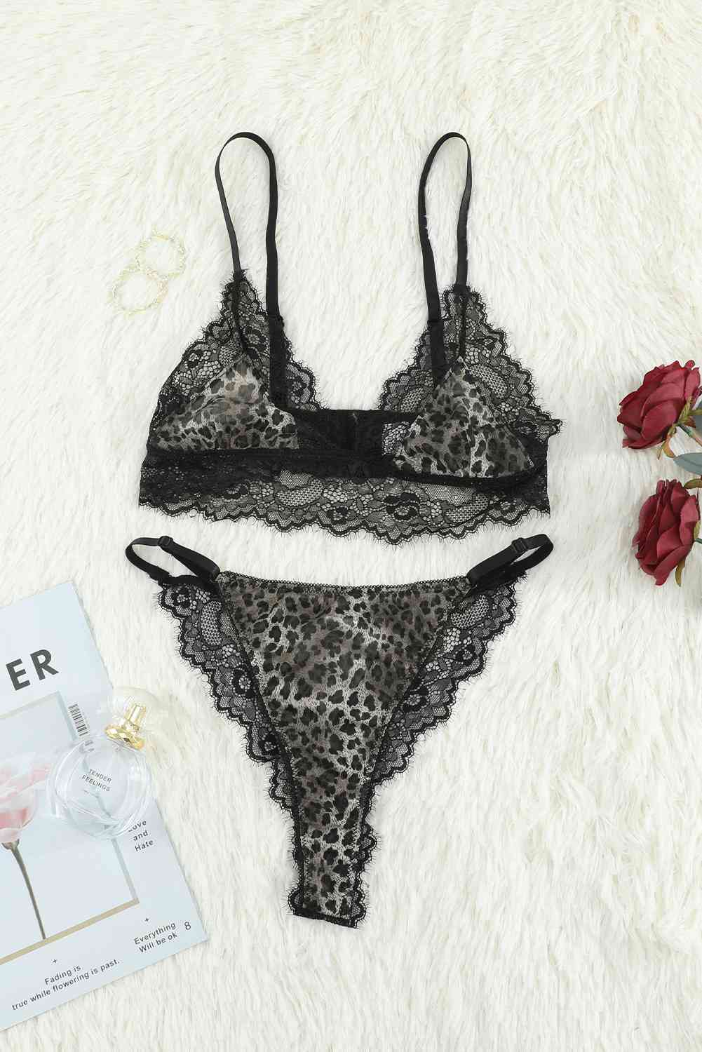 Leopard Print Spliced Lace Bra and Panty Set