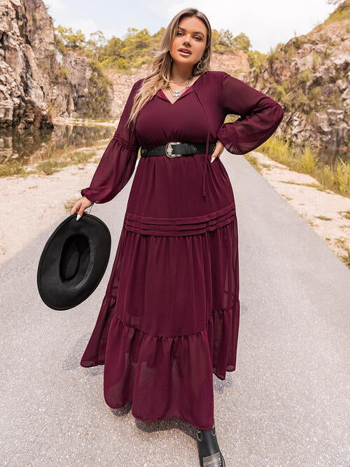 Plus Size Tie Neck Ballon Sleeve Tiered Dress