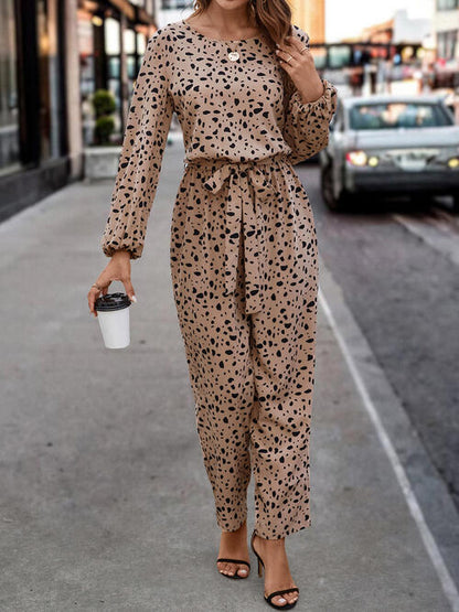 Leopard Tie Front Balloon Sleeve Jumpsuit