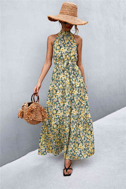 Printed Sleeveless Tie Waist Maxi Dress