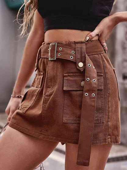 High Waist Denim Cargo Shorts