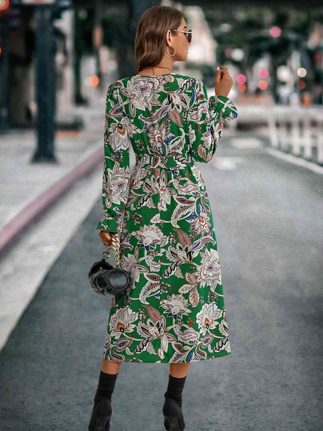 Printed Tie Front Surplice Flounce Sleeve Dress