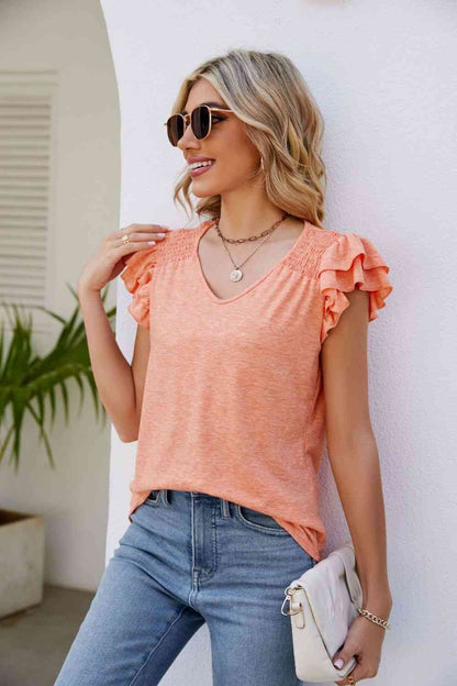 Smocked Flutter Sleeve V-Neck Top