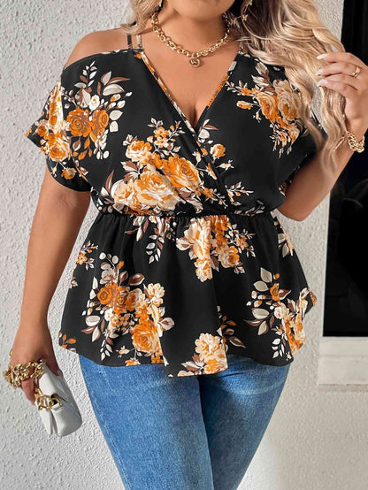 Plus Size Floral Print Cold Shoulder Surplice Neck Blouse